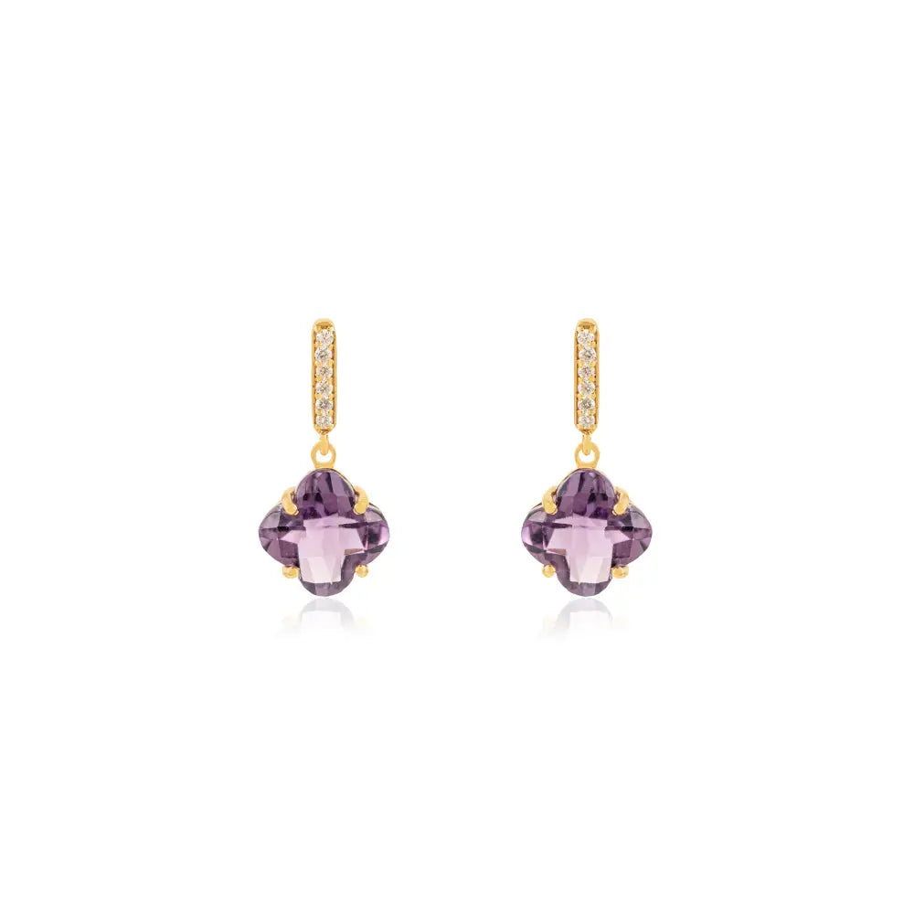 Amethyst & Diamond Four Leaf Clover Shape Drop Earrings K14 Yellow Gold Daily Wear Jewelry