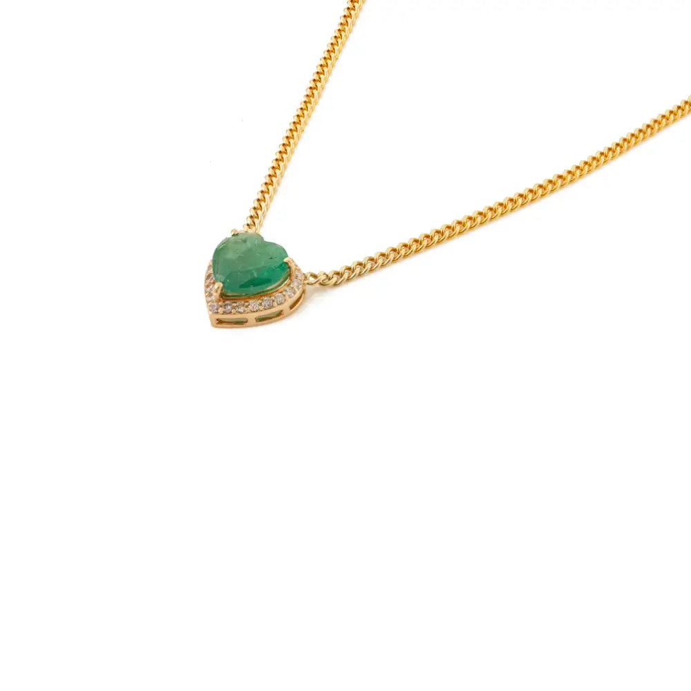 Heart Shape Gemstone Emerald & Diamond Cuban Chain Pendant Necklace 14K Solid Yellow Gold