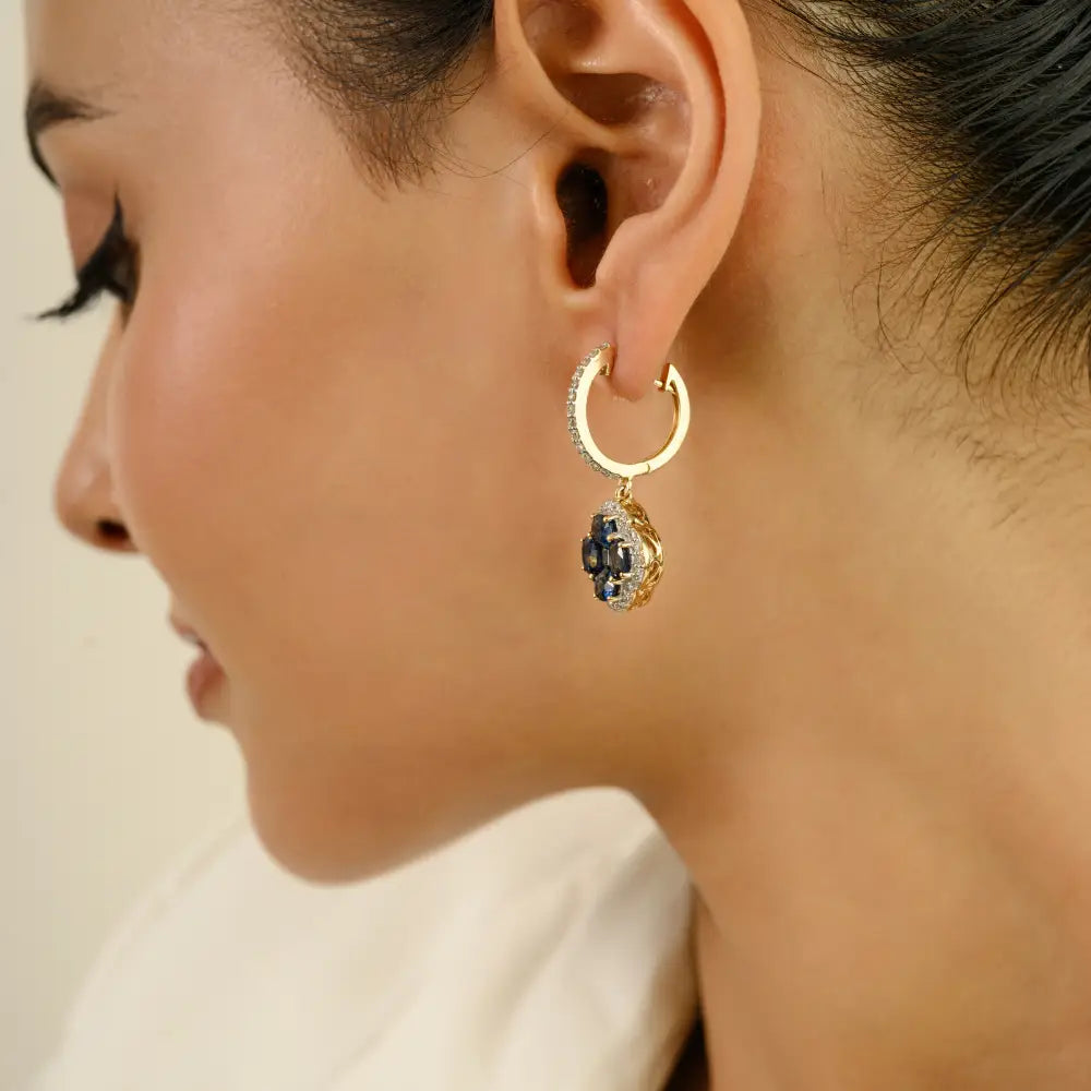 4.55 Ct. Blue Sapphire Gemstone & Diamond Clover Hoop Charm Drop Earrings 14K Gold