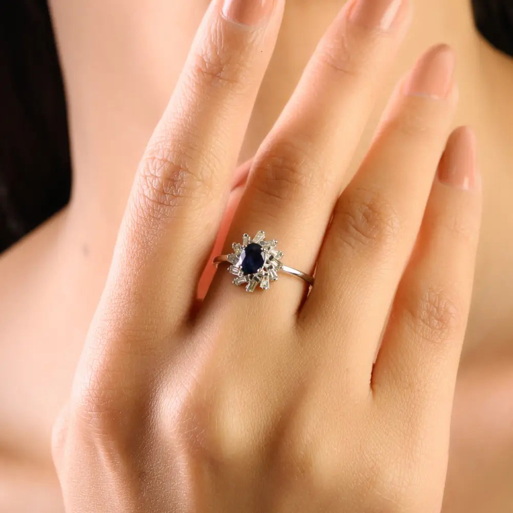 Elegant Design Blue Sapphire & Diamond 14K Real White Gold Cluster Engagement Ring