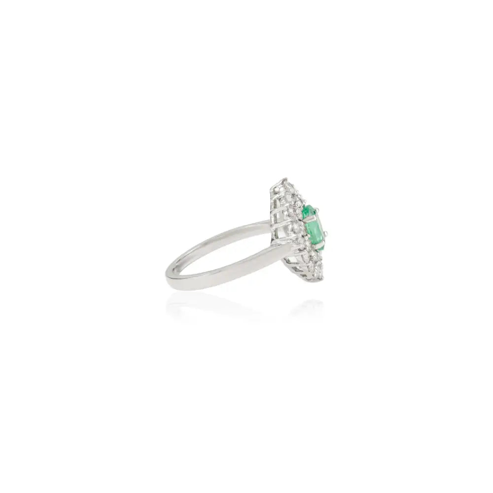 18K Solid White Gold Vintage Style Emerald & Diamond Double Cluster Ring Engagement Jewelry