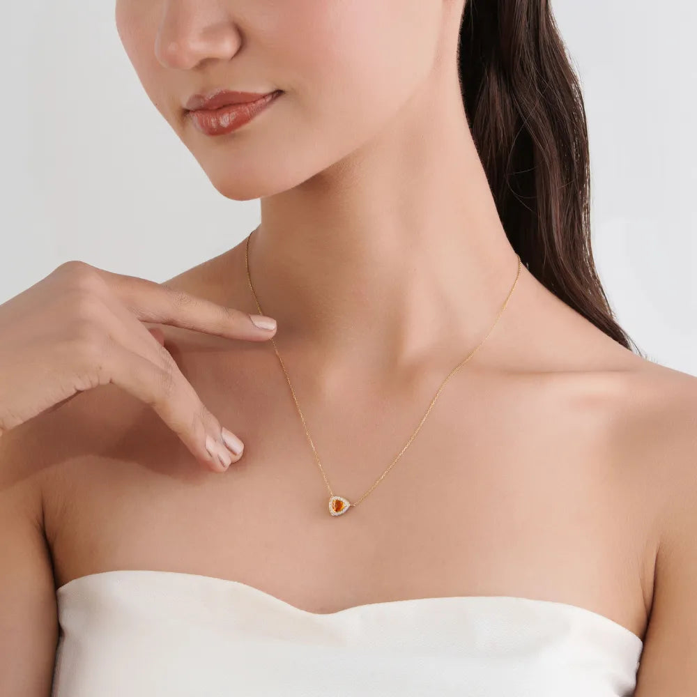 Semi Precious Gemstone Trillion Cut Citrine & Diamond Halo Pendant Necklce Minimal Jewelry 14K Real Yellow Gold