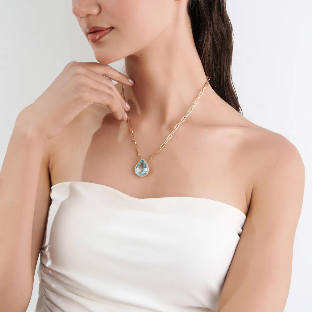 20x15mm Pear Cut Aquamarine & Diamond Paperclip Chain Cluster Pendant Necklace Bold Jewelry Supplier