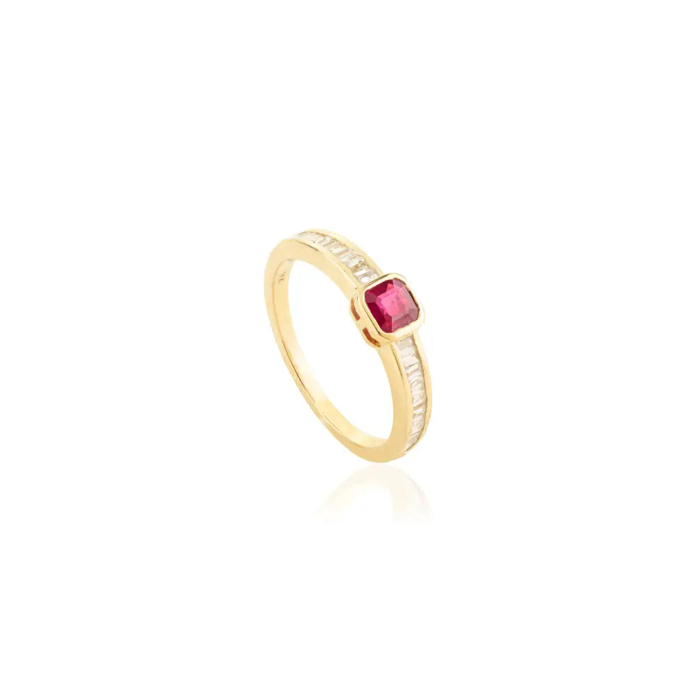 Real 14K Yellow Gold Genuine Ruby & Diamond Stackable Ring Simple Everyday Jewelry