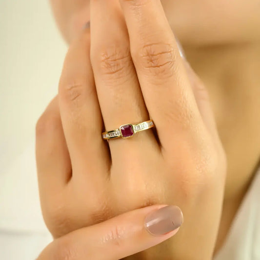 Real 14K Yellow Gold Genuine Ruby & Diamond Stackable Ring Simple Everyday Jewelry
