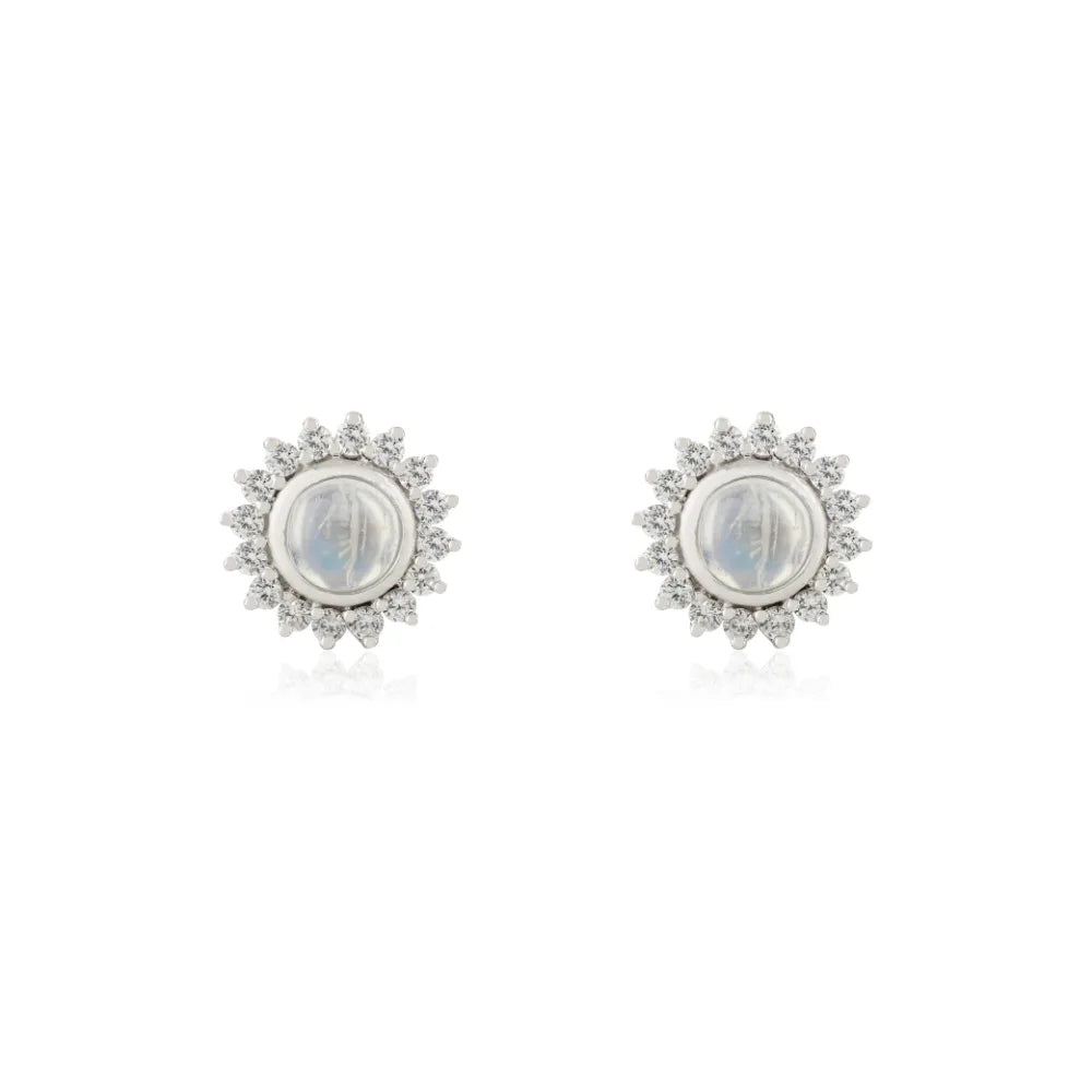 925 Sterling Silver Fine Jewelry Real Moonstone & American Diamond Round Flower Earrings
