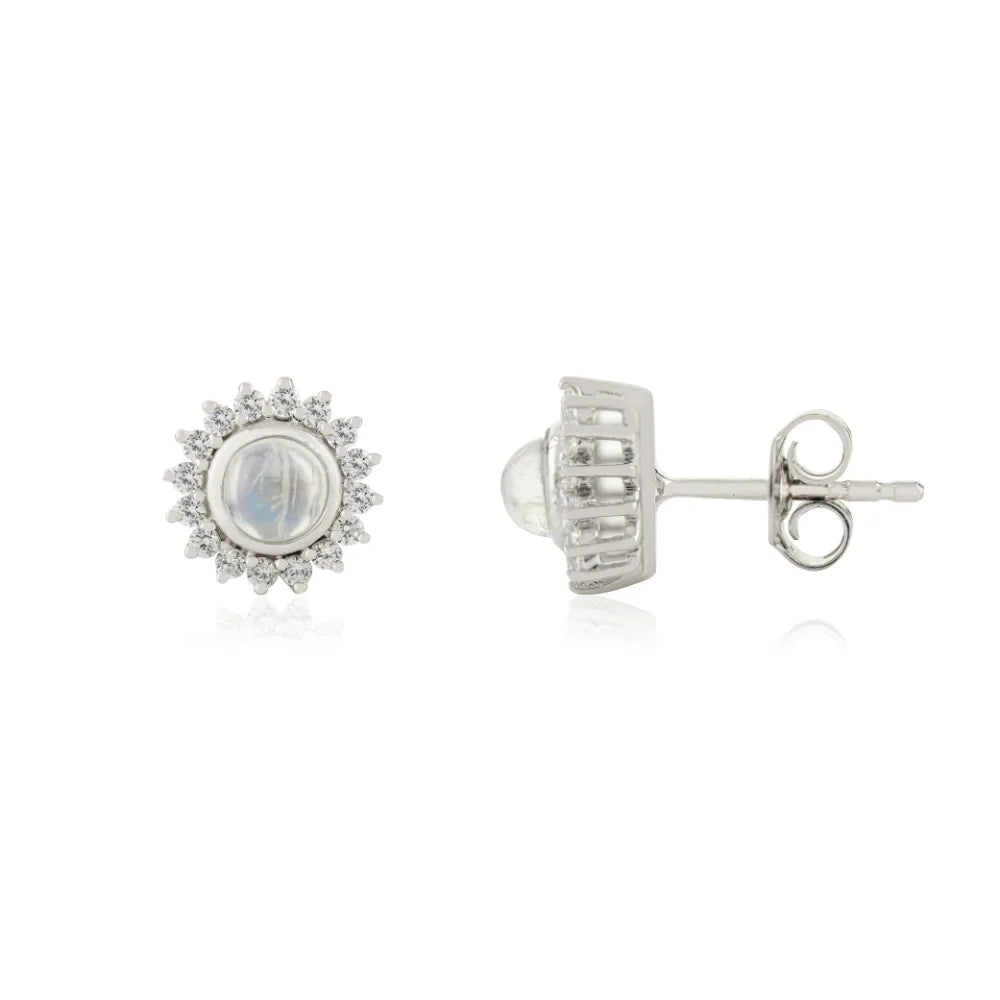 925 Sterling Silver Fine Jewelry Real Moonstone & American Diamond Round Flower Earrings