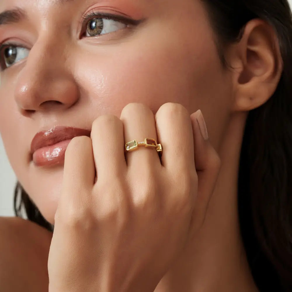 Elegant Design 14K Solid Yellow Gold Multi Sapphire & Diamond Three Stone Ring Stack Jewelry