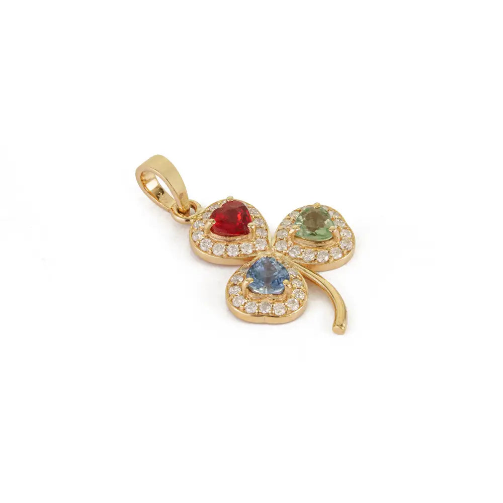 Heart Shape Multi Sapphire Gemstone & Diamond 14K Yellow Gold Three Leaf Clover Pendant