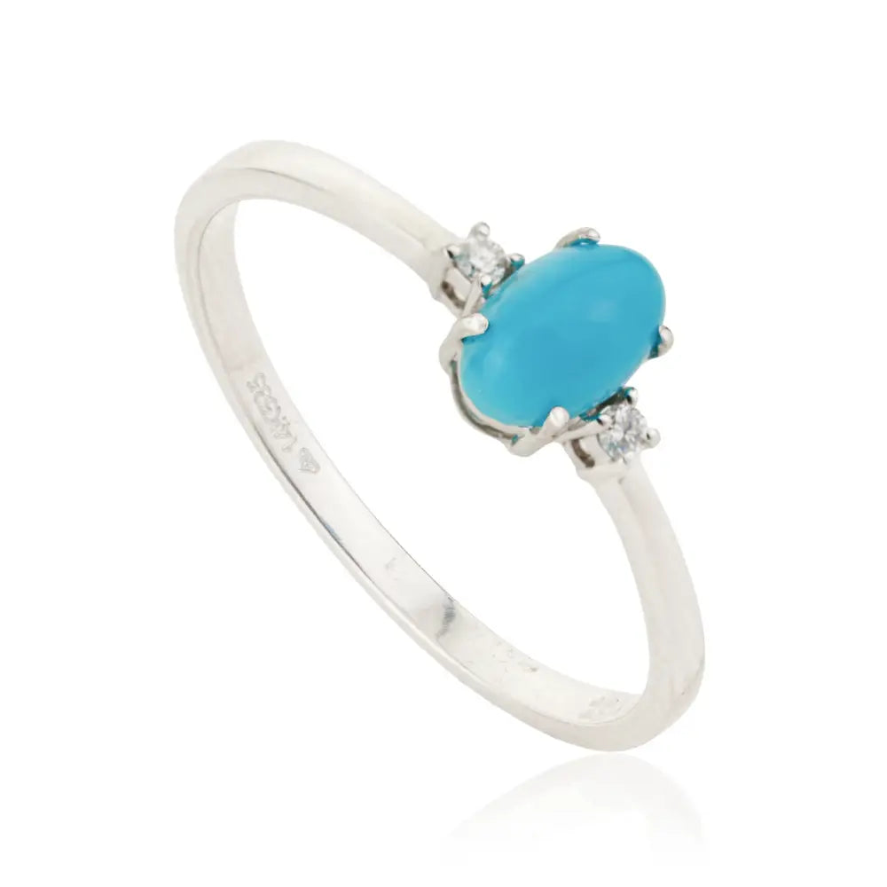 Minimal Cabochon Cut Turquoise & Diamond 14K Solid White Gold Gemstone Ring Daily Wear