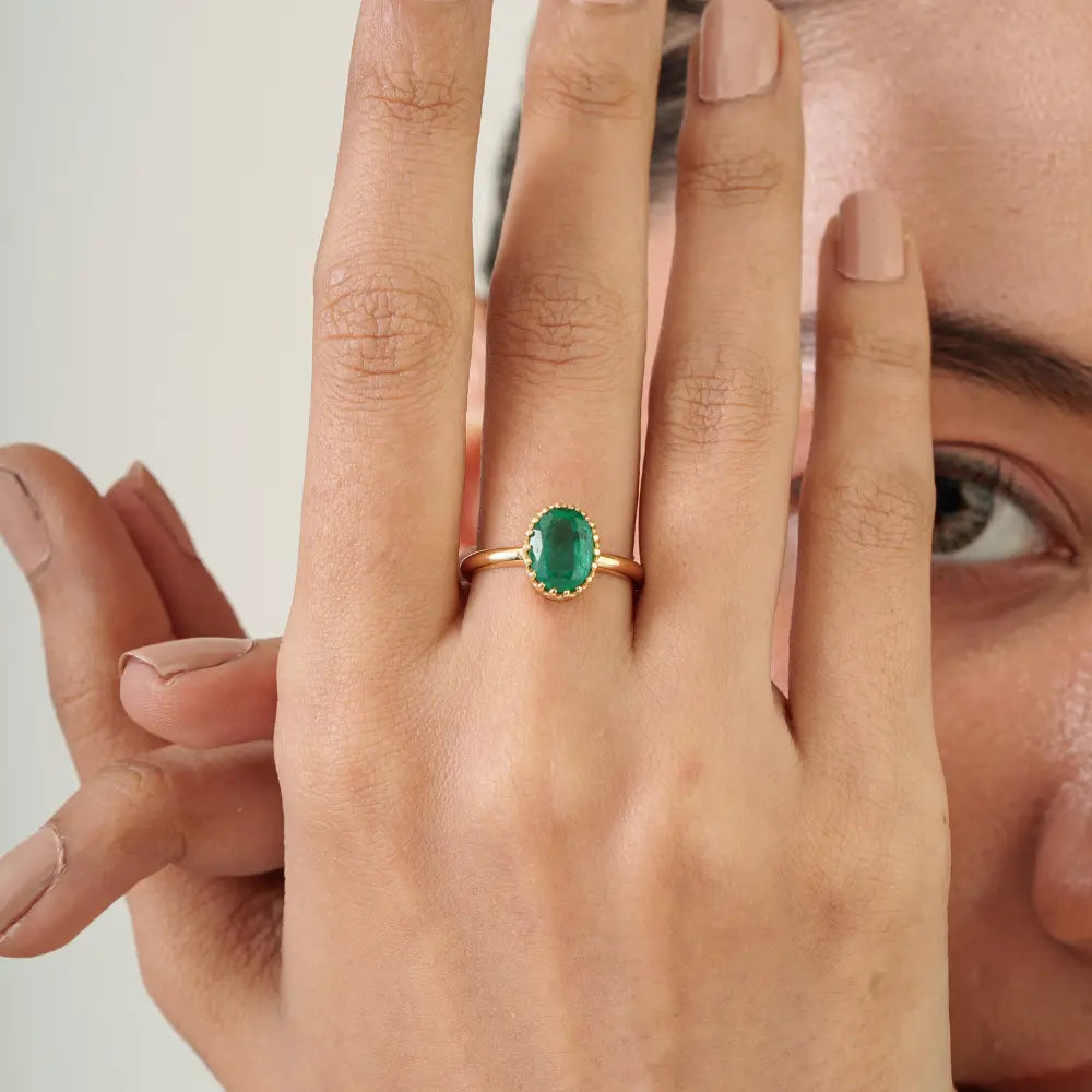 Oval Cut Emerald Solitaire Gemstone Engagement Ring Solid 18K Yellow Gold Fine Jewelry