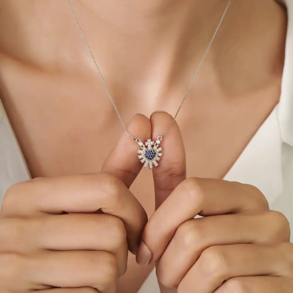 14K Solid White Gold Blue Sapphire & Diamond Sacred Heart Sunburst Pendant Necklace