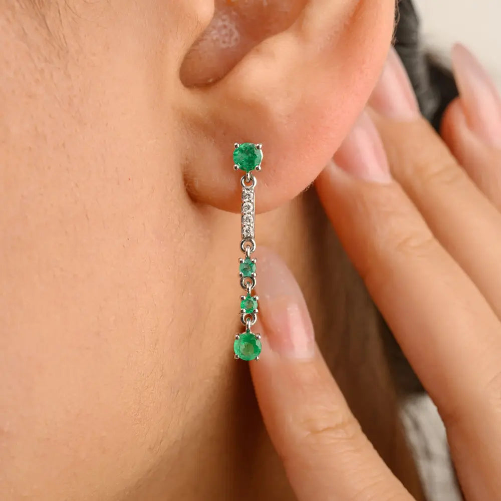 Fine Jewelry K14 Solid White Gold Emerald & Diamond Long Dangle Earrings