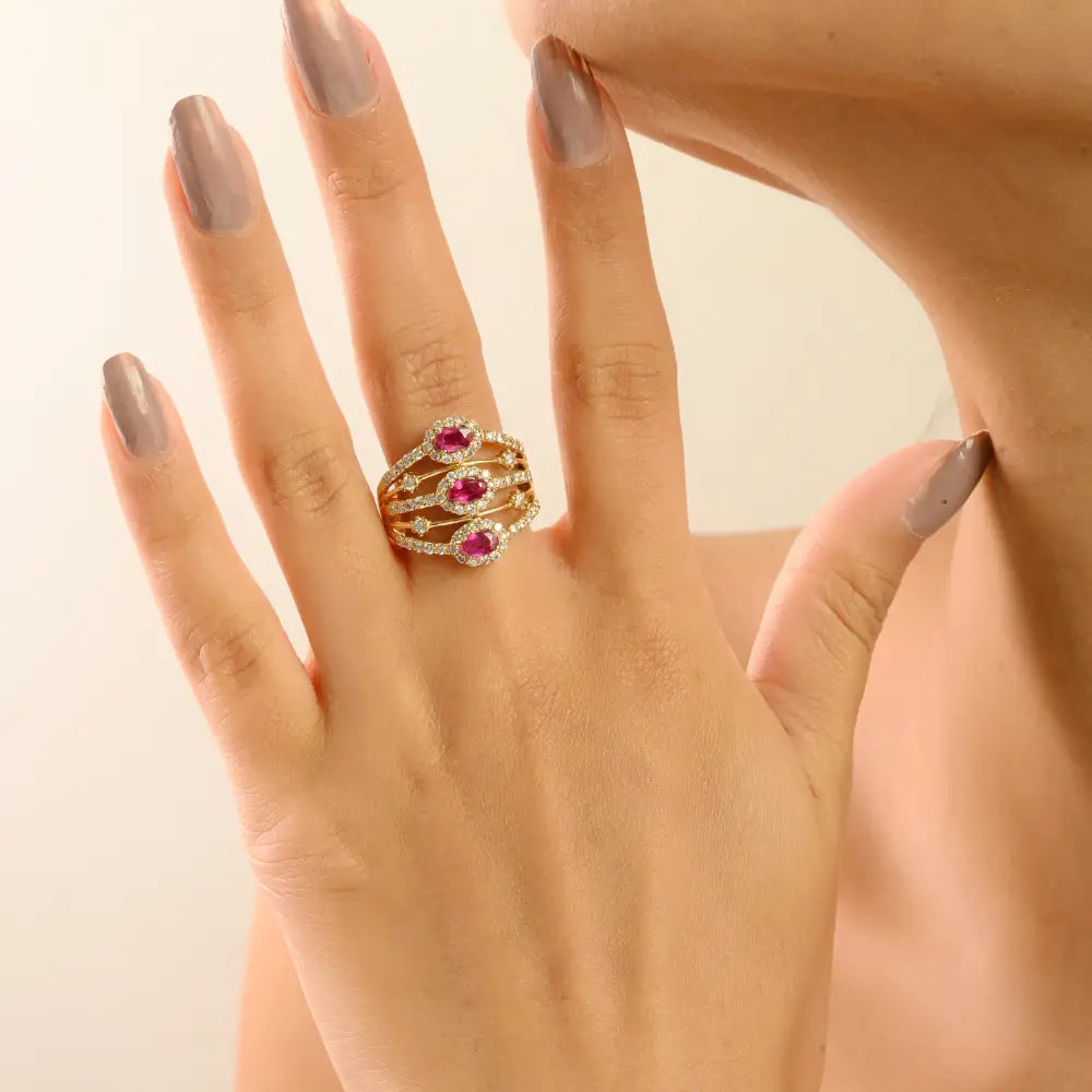 1.15 Ct. Ruby & Diamond Statement Multi Layer Ring Party Wear 14K Yellow Gold Fine Jewelry