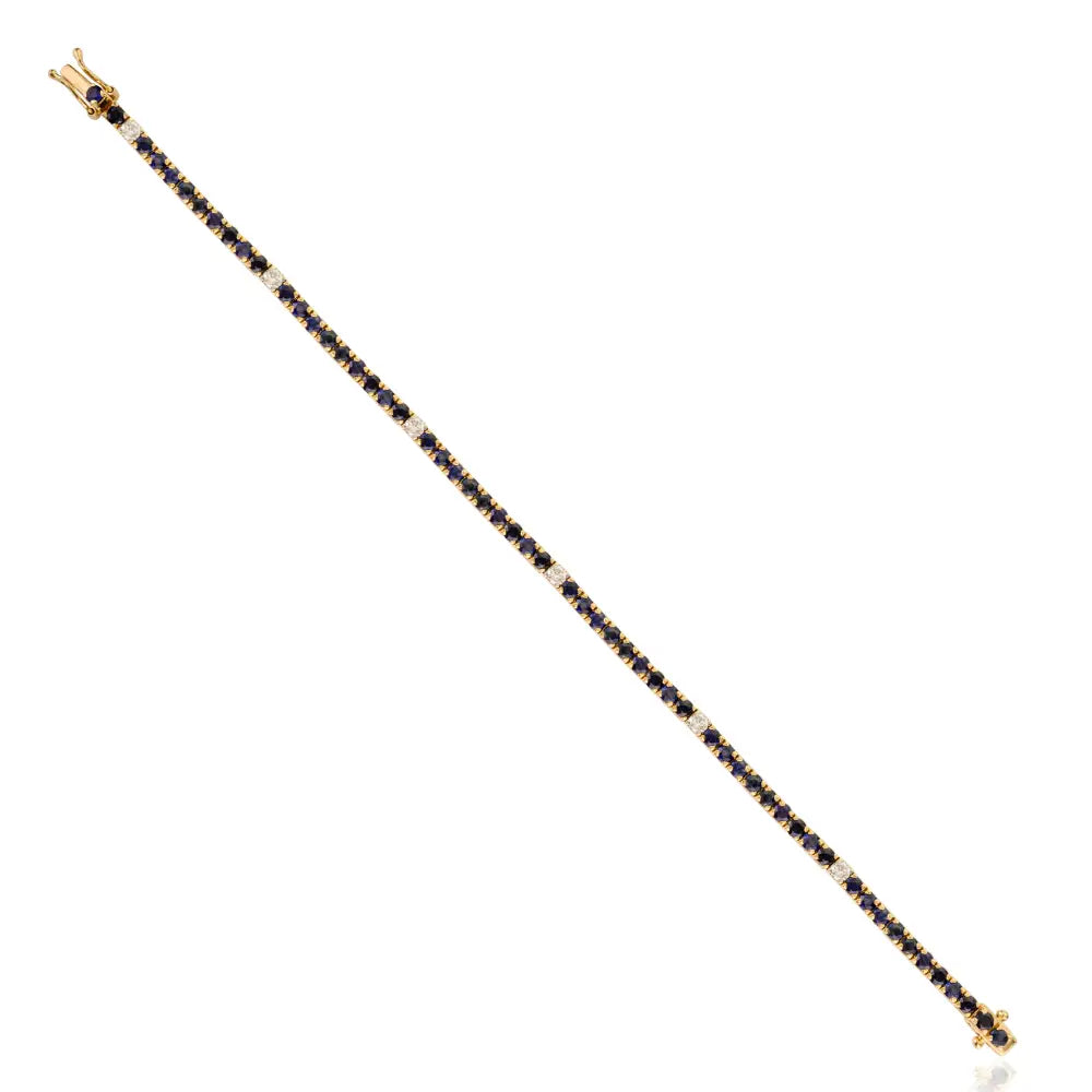 14K Pure Yellow Gold Round Cut Blue Sapphire & Diamond Tennis Bracelet Trending Jewelry