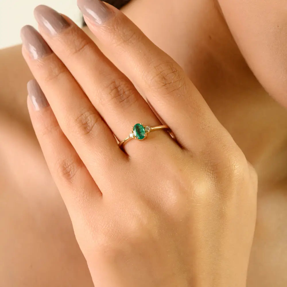 Minimalist Natural Emerald & Diamond Dainty Gemstone Ring 14K Real Yellow Gold Jewelry