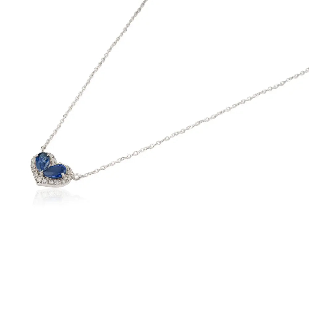 Customized 14K Solid White Gold Blue Sapphire & Diamond Heart Shape Halo Pendant Necklace
