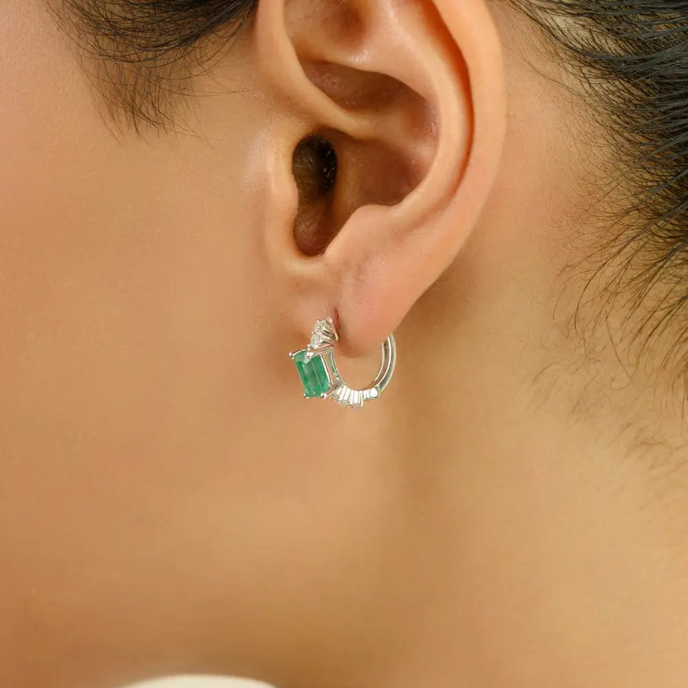 Minimal Jewelry Zambian Emerald & Diamond Small Hoop Earrings K14 Real White Gold