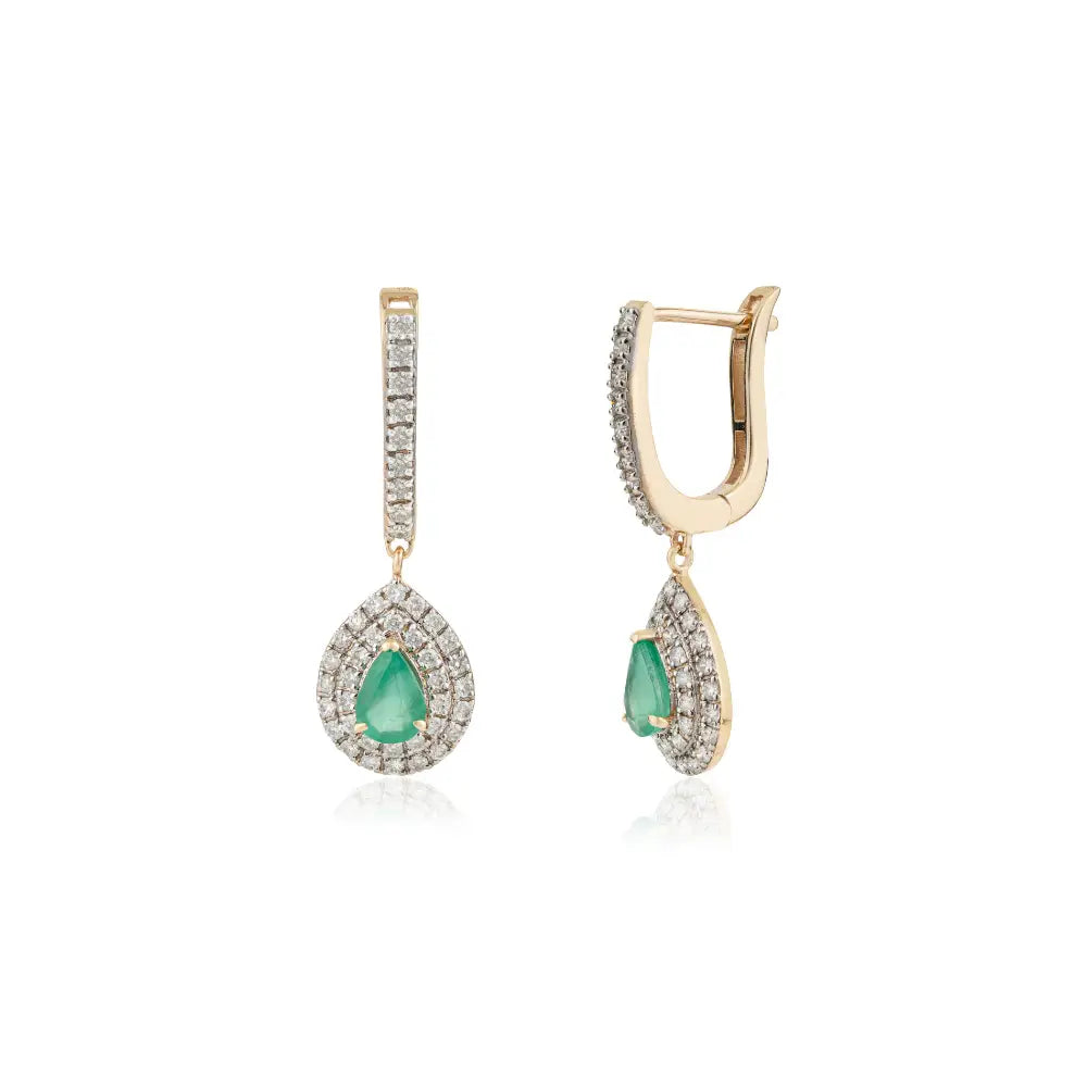 Pear Shape Emerald & Diamond Double Cluster Hoop Drop Earrings 14K Pure Yellow Gold Jewelry