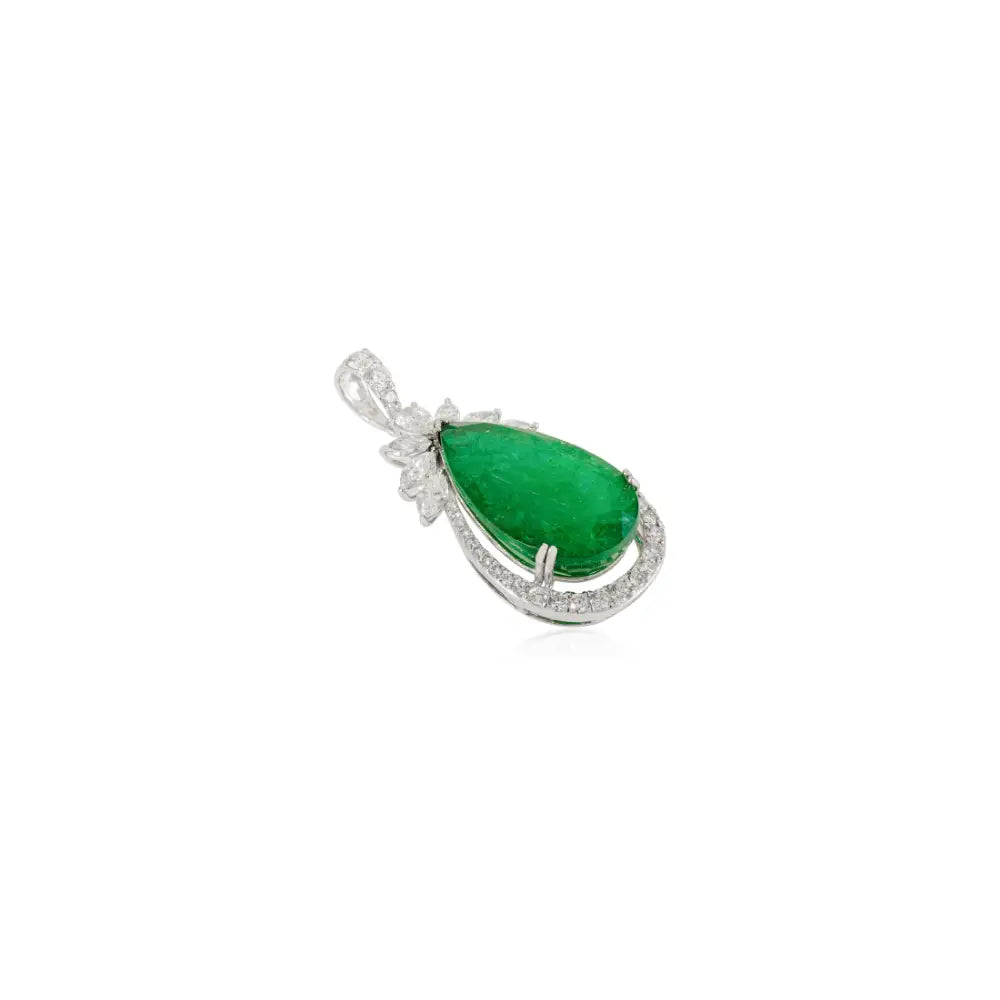 Unique Designer 9.38 ct. Emerald & Diamond Teardrop Pendant 18K White Gold Bold Jewelry