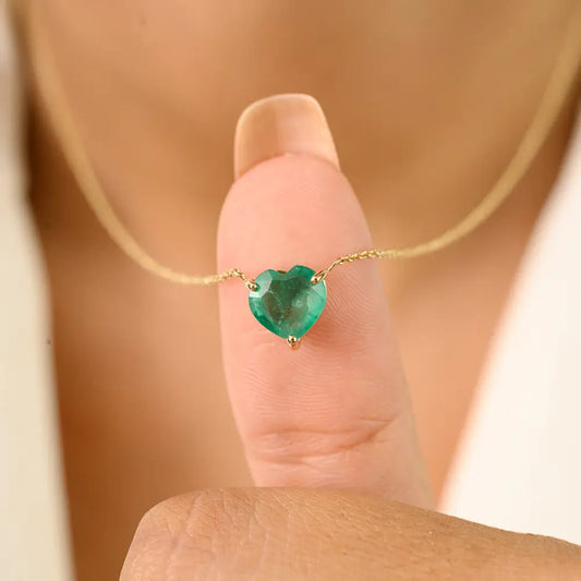 Prong Set Zambian Emerald 14K Gold Women Heart Shape Single Stone Pendant Necklace