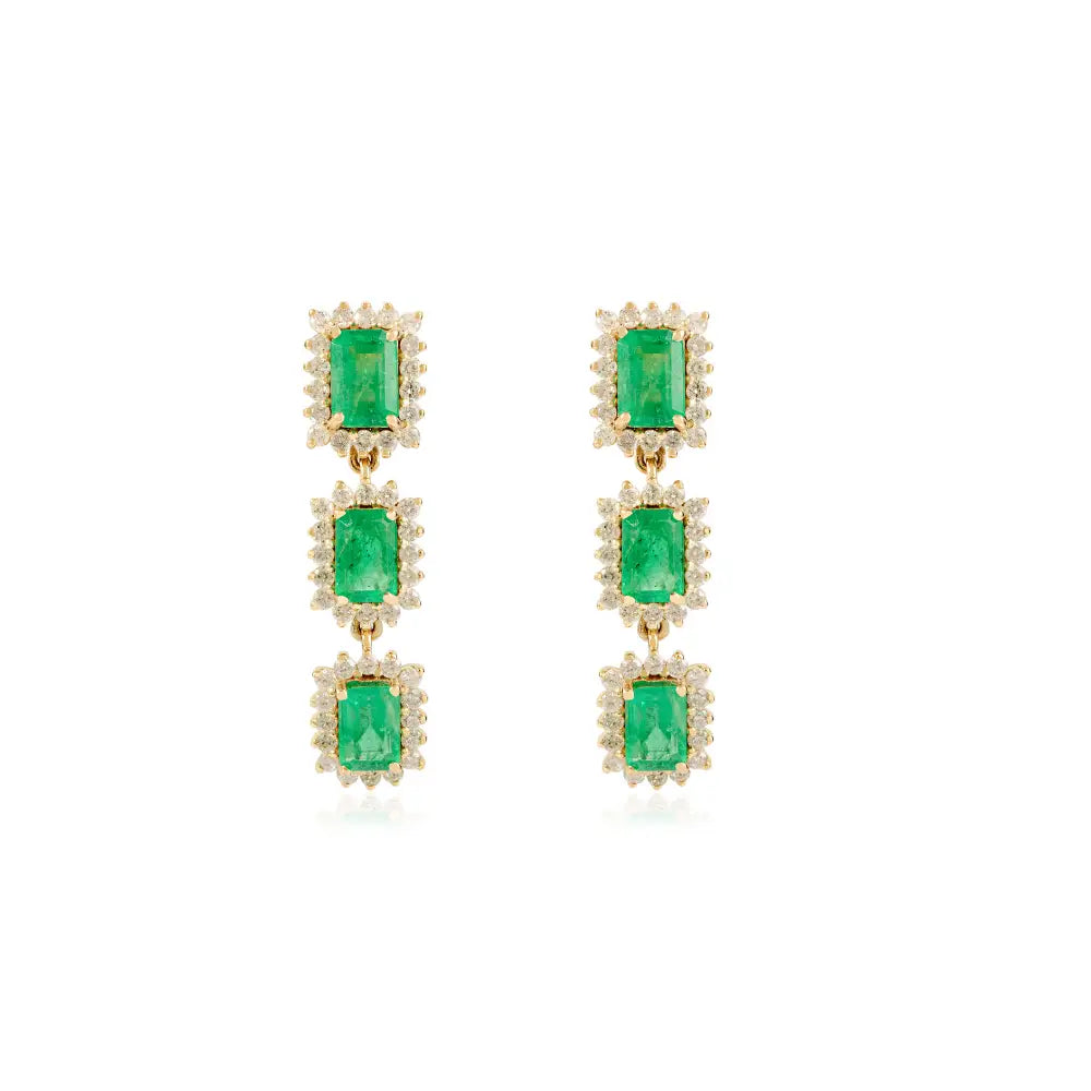 Prong Set Emerald & Diamond Cluster Dangle Earrings For Women Wedding Jewelry 14K Gold