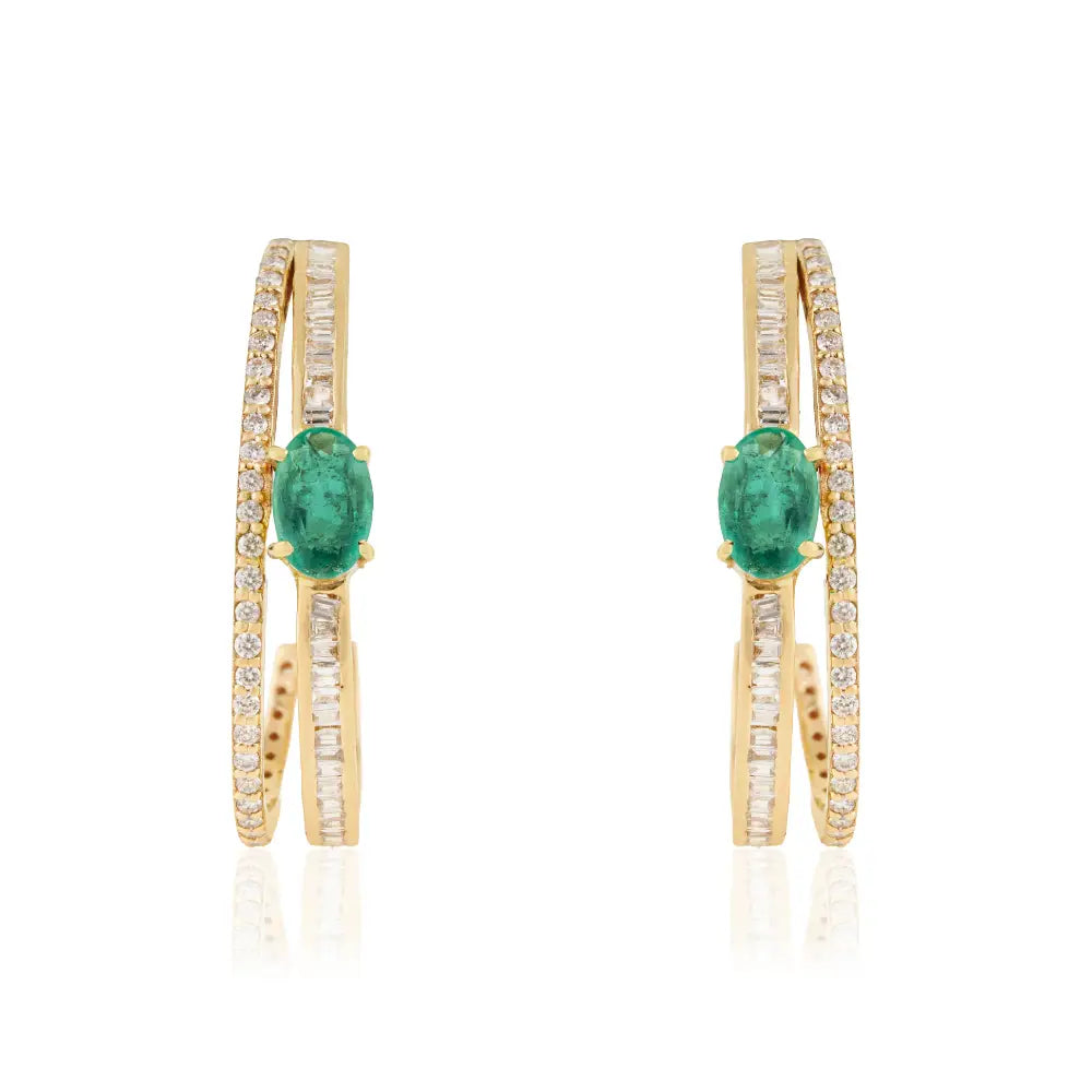 Customized Emerald & Diamond K14 Solid Yellow Gold C Shape Hoop Earrings For Women