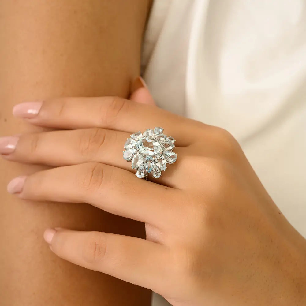 Gorgeous Aquamarine Gemstone Cocktail Ring For Women Party Wear Jewelry K14 Gold
