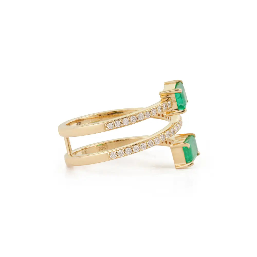 Precious Gemstone Emerald & Diamond Wrap Spiral Ring Statement 14K Yellow Gold Jewelry