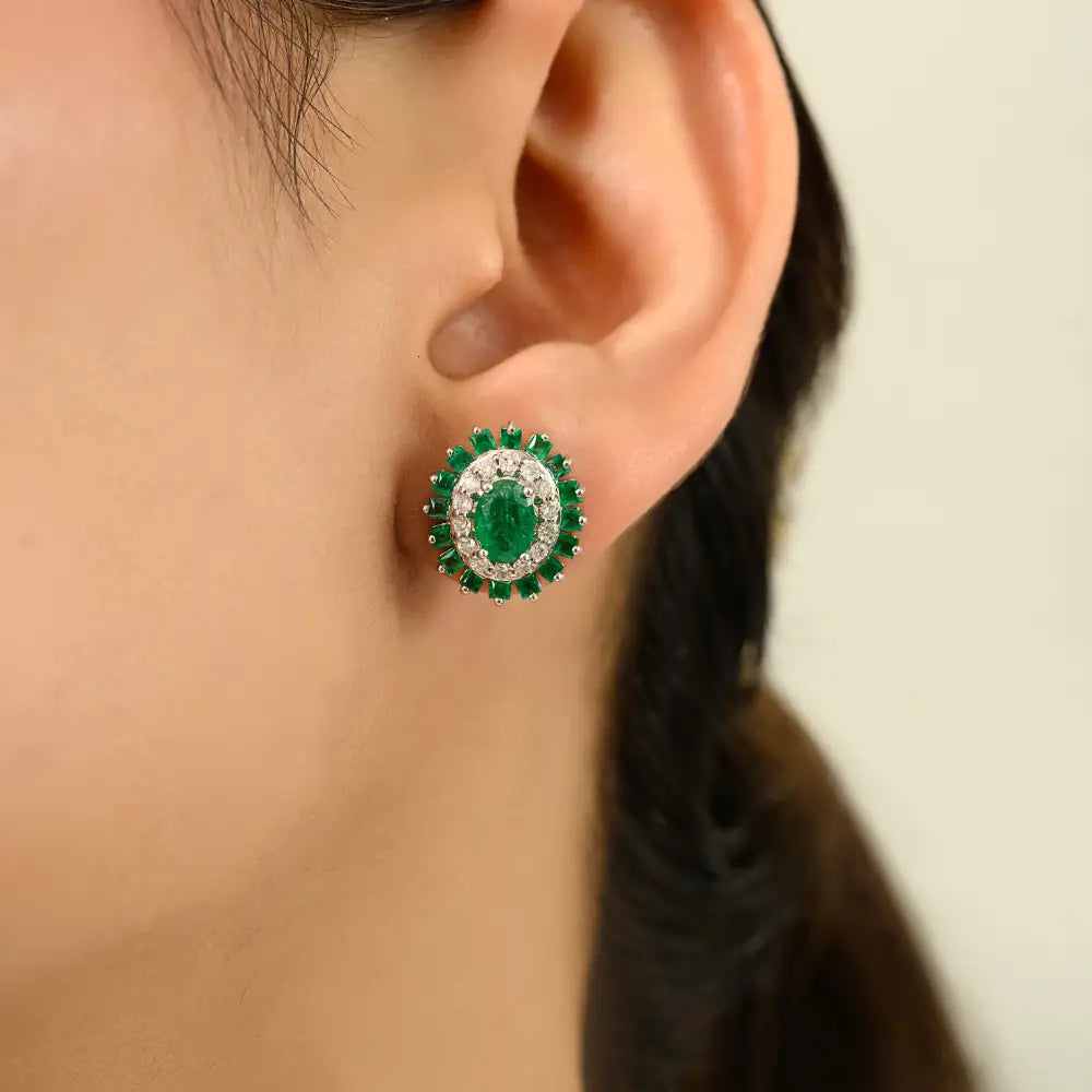Hot Sale 14K White Gold Emerald & Diamond Unique Design Statement Stud Earrings For Women
