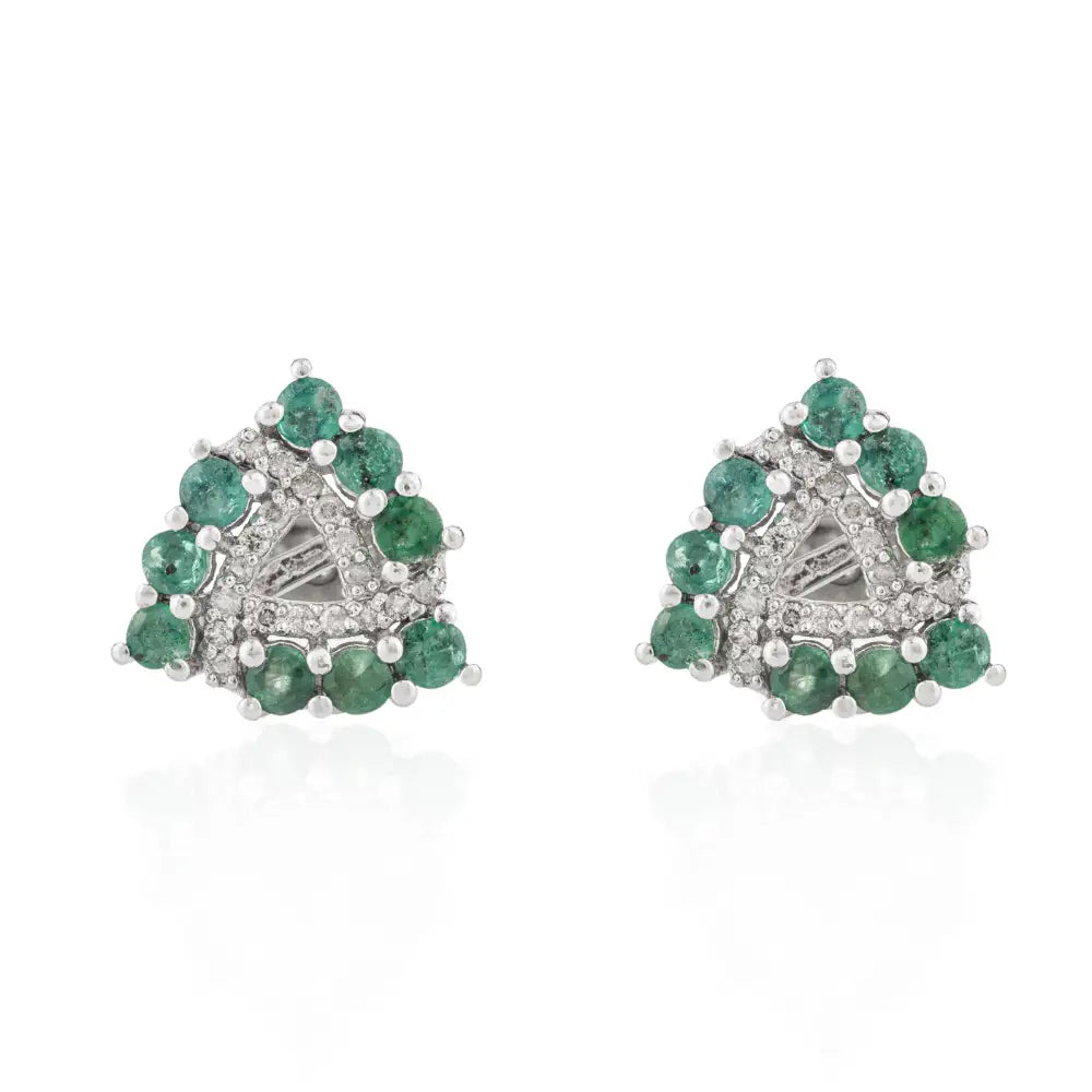 Pure 925 Sterling Silver Real Emerald & American Diamond Trillion Shape Stud Earrings For Weddings