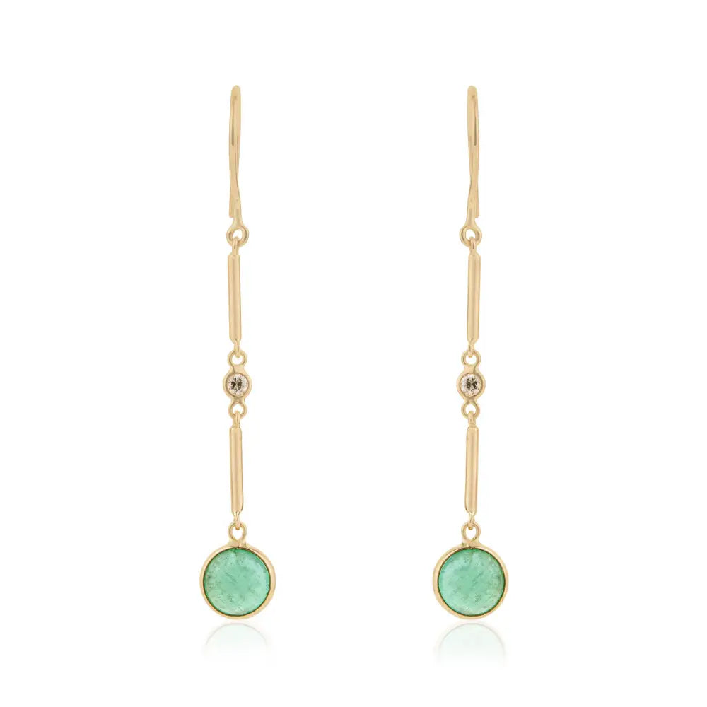 Simple Dainty Emerald & Diamond Dangle Earrings Solid K14 Yellow Gold Handmade Jewelry