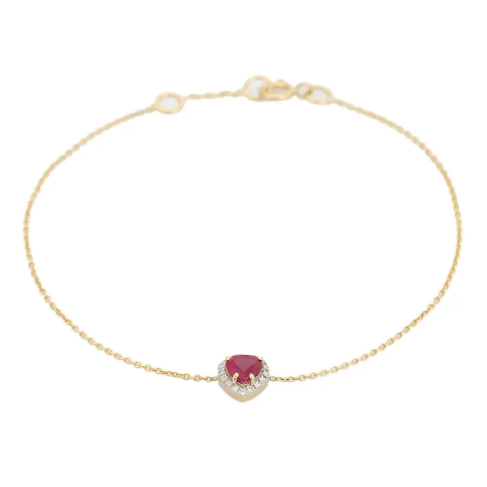 Spring Lock 100% Genuine Ruby & Diamond 14K Solid Gold Heart Shape Halo Bracelet Women