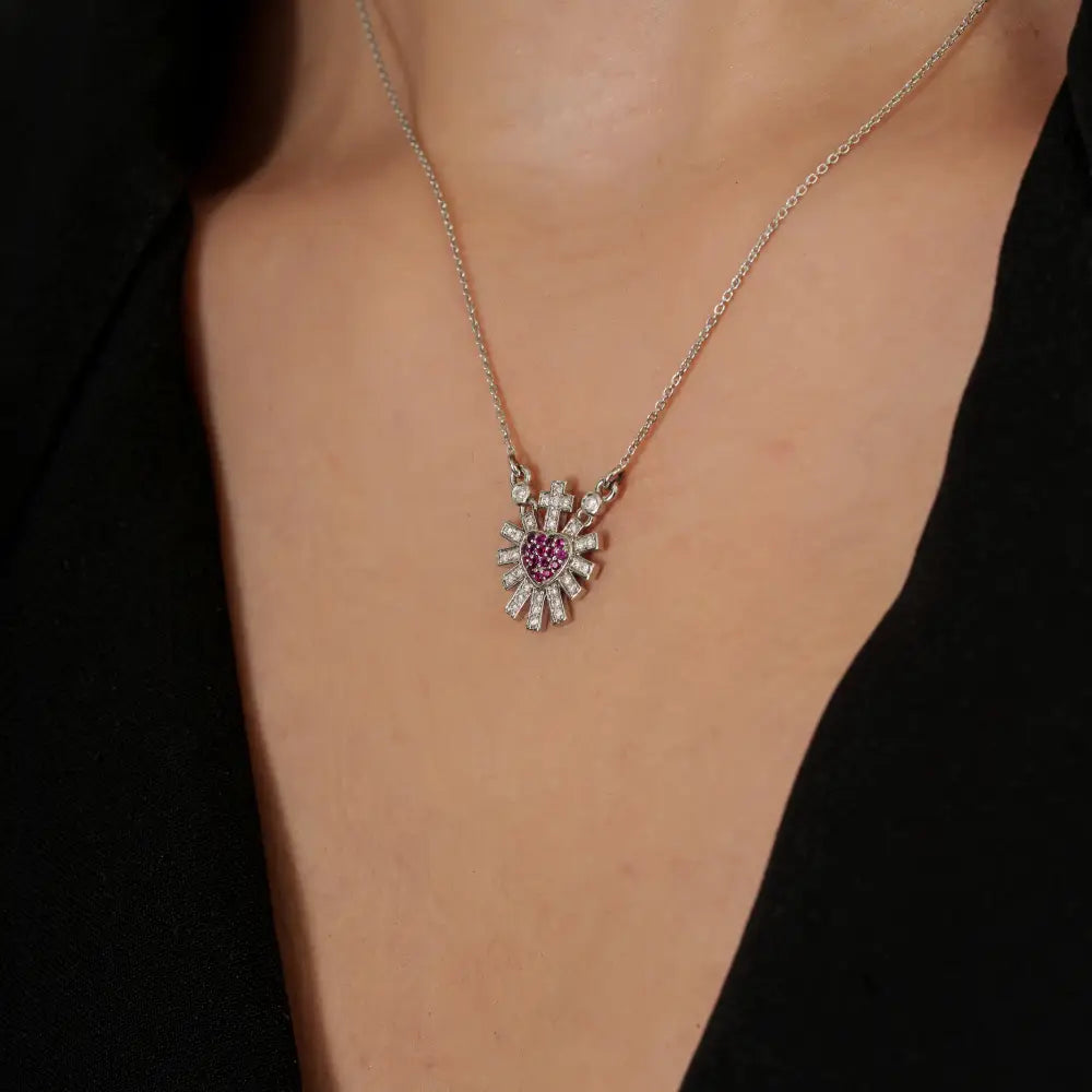 Real Ruby & Diamond Sacred Heart Sunburst Pendant Necklace Unique Design 14K White Gold