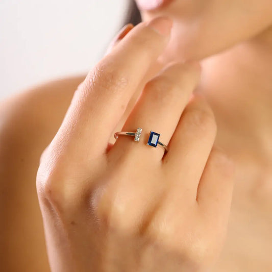 Simple Design K14 White Gold Blue Sapphire & Diamond Open Gemstone Ring Good Price Jewelry