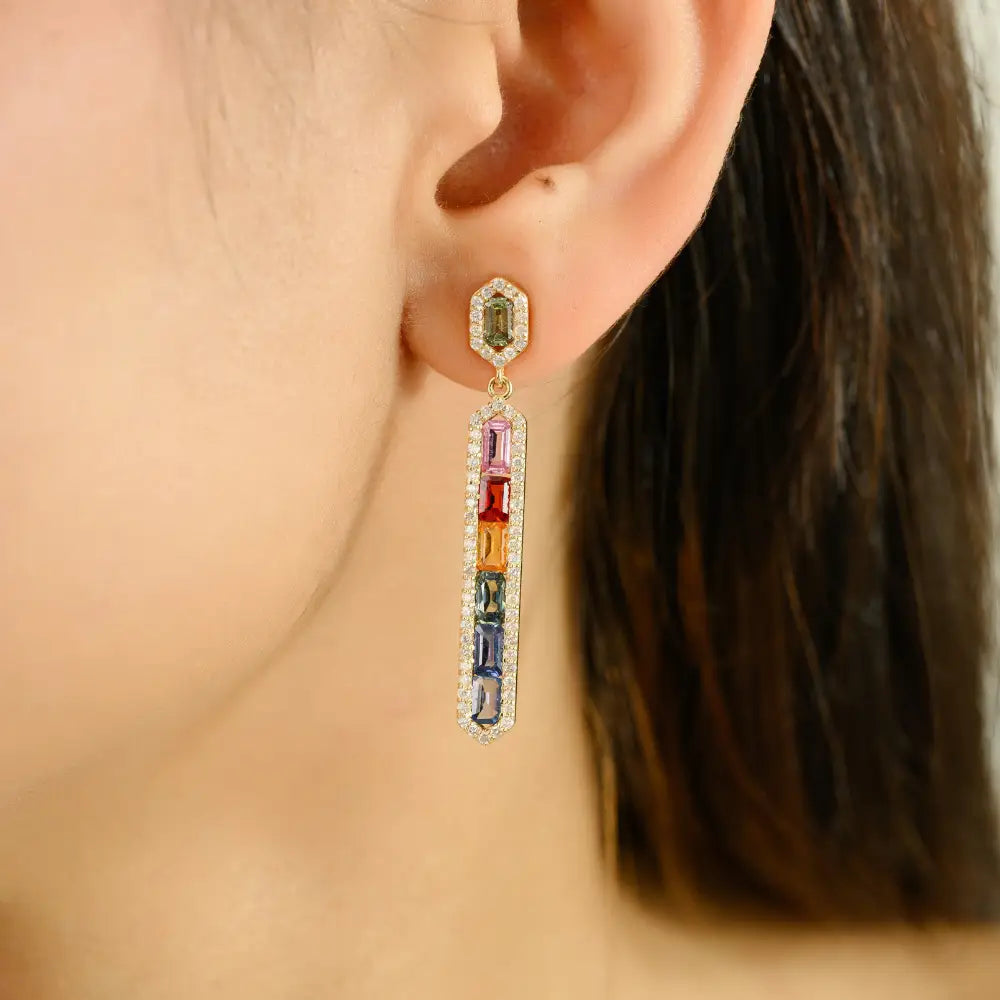 Gorgeous Design Rainbow Multi Sapphire & Diamond Statement Bar Dangle Earrings 14K Gold