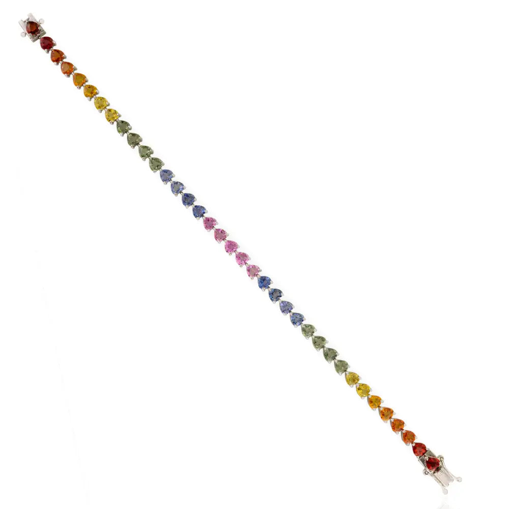 Heart Shape Rainbow Multi Sapphire 14K Solid White Gold Tennis Bracelet Stackable Jewelry