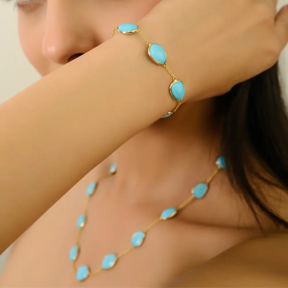 Dainty Bezel Set Turquoise Gemstone Simple Station Bracelet K14 Real Yellow Gold Jewelry