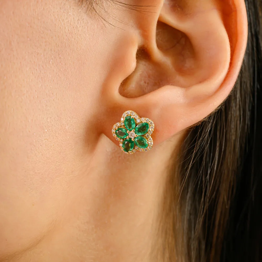 Unique Trending Natural Emerald & Diamond 14K Solid Gold Flower Stud Earrings For Women