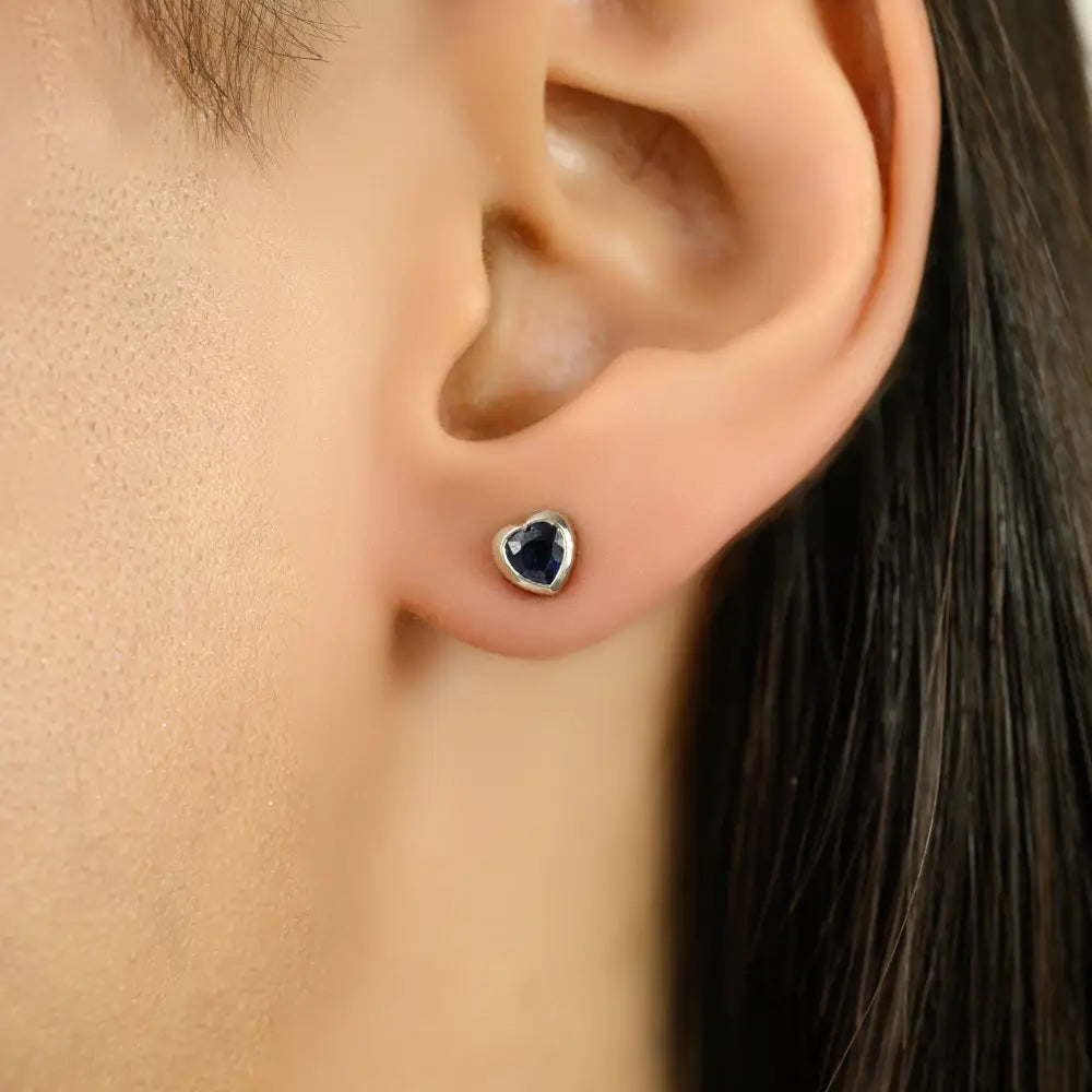 Elegant Minimalist 14K Solid White Gold Blue Sapphire Heart Shape Small Stud Earrings Unisex