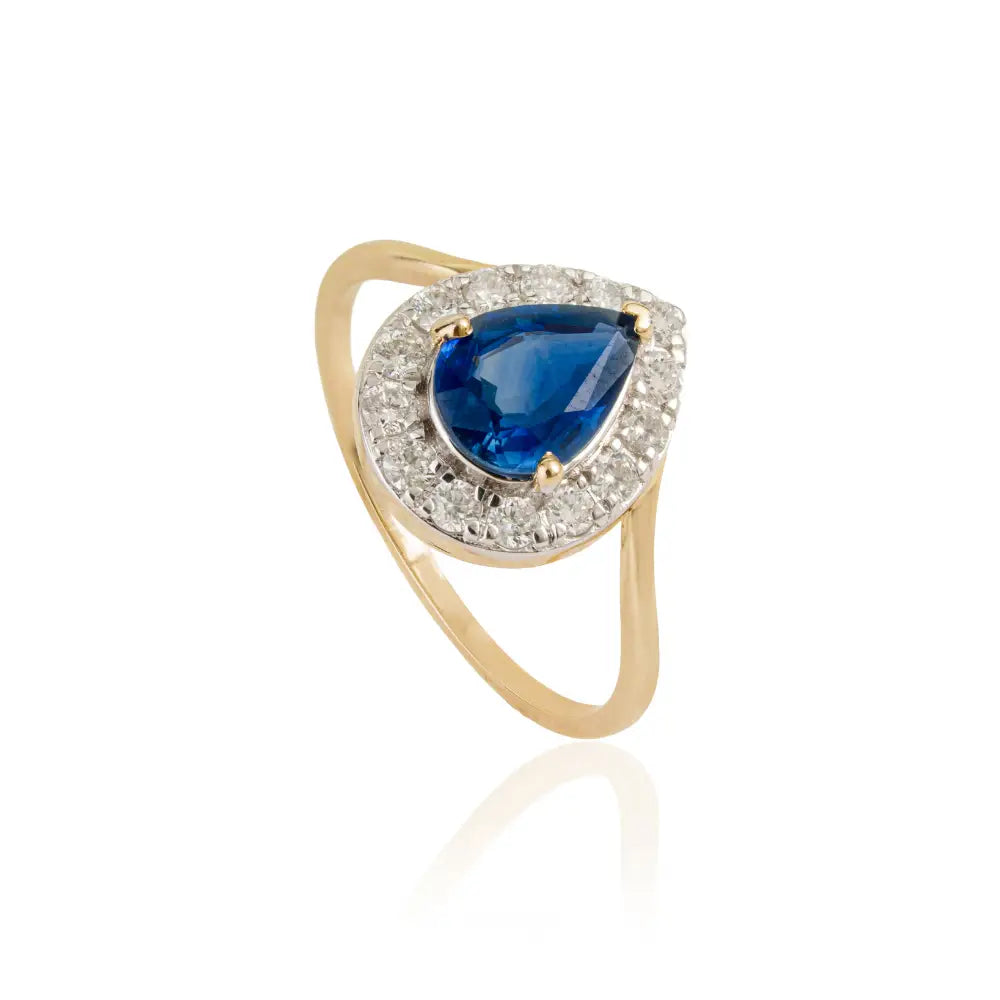 Wholesale Price Blue Sapphire & Diamond Real K14 Yellow Gold Halo Ring Birthstone Jewelry