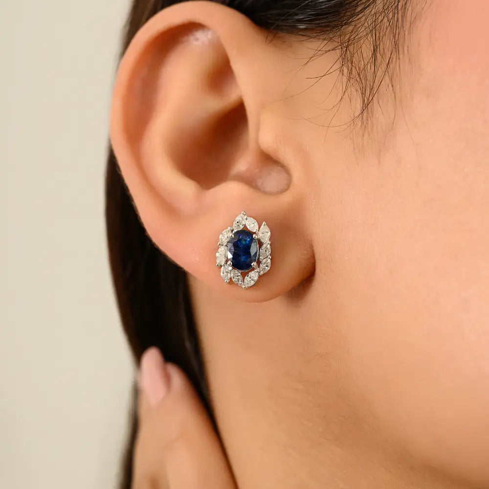 14K Solid Gold Oval Blue Sapphire & Marquise Diamond Designer Stud Earrings For Women