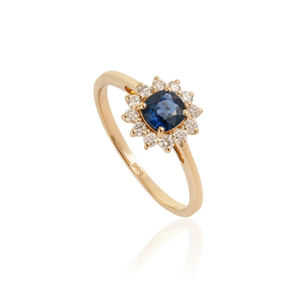 Prong Set Blue Sapphire & Diamond Solid K14 Yellow Gold Minimal Cluster Ring Fine Jewelry