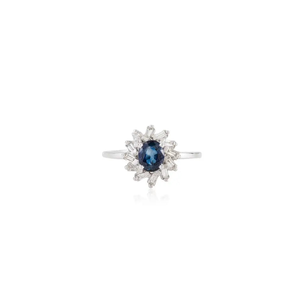 Elegant Design Blue Sapphire & Diamond 14K Real White Gold Cluster Engagement Ring