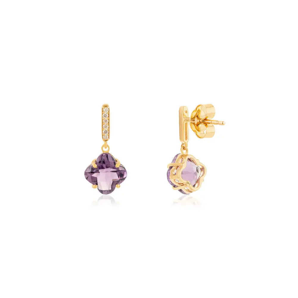 Amethyst & Diamond Four Leaf Clover Shape Drop Earrings K14 Yellow Gold Daily Wear Jewelry