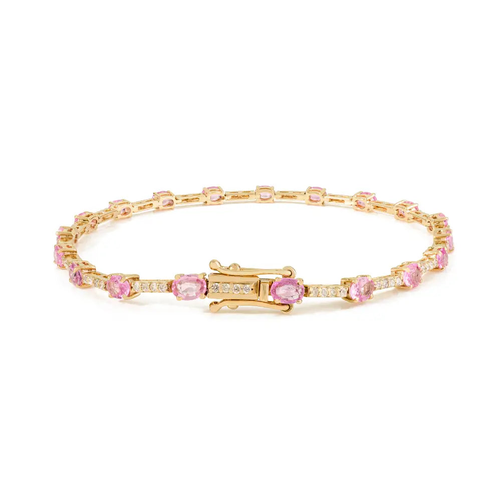 Simple Trending Design K14 Yellow Gold Pink Sapphire & Diamond Sleek Tennis Bracelet