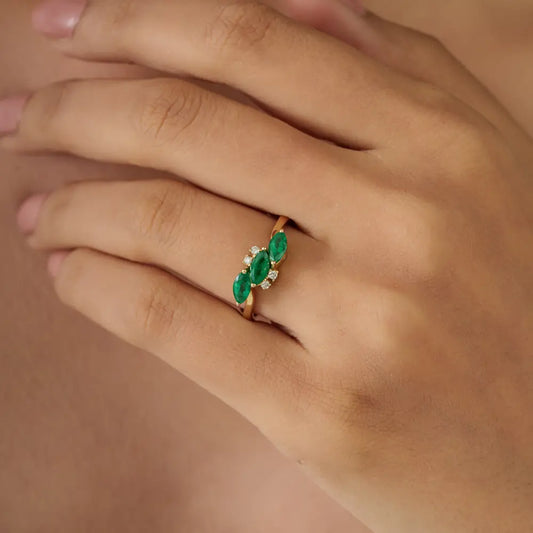 Marquise Shape Emerald & Diamond Three Stone Ring Stackable 14K Yellow Gold Jewelry
