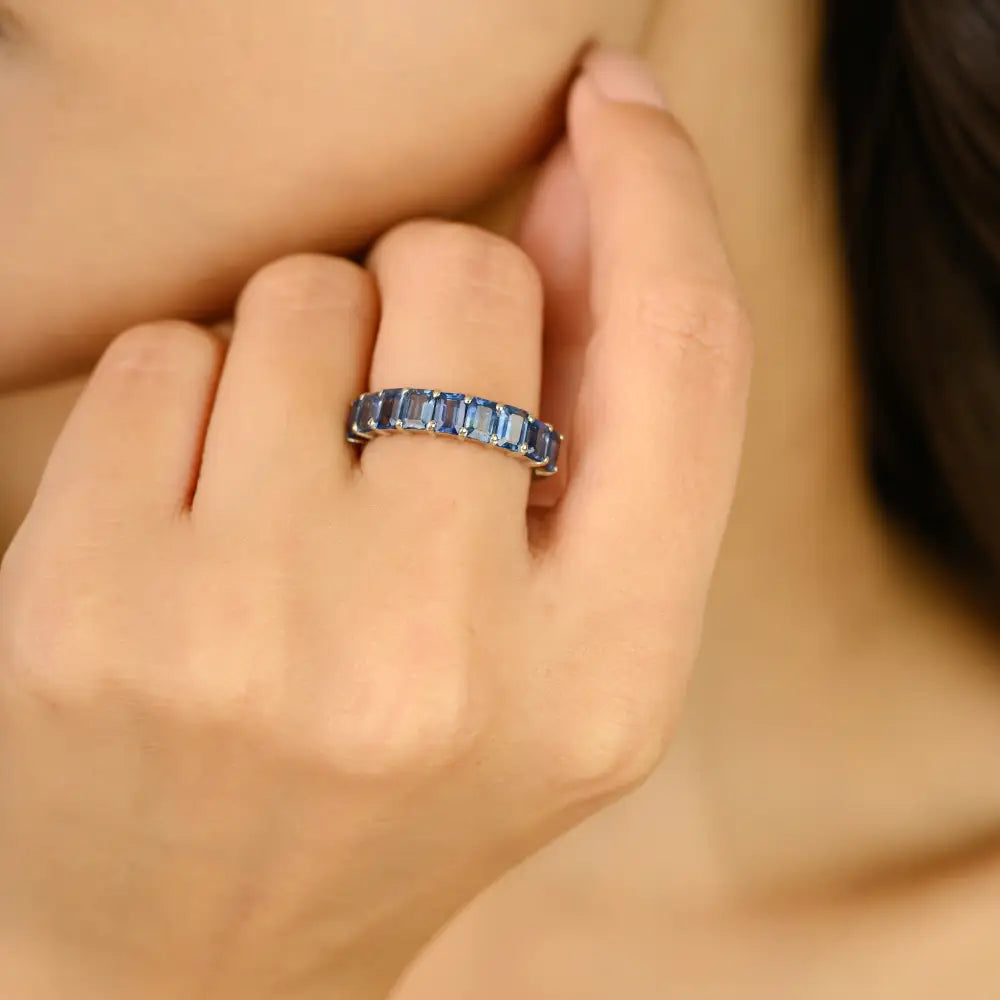Best Seller 100% Authentic Blue Sapphire Half Eternity Band Ring Trending 14K Real Gold