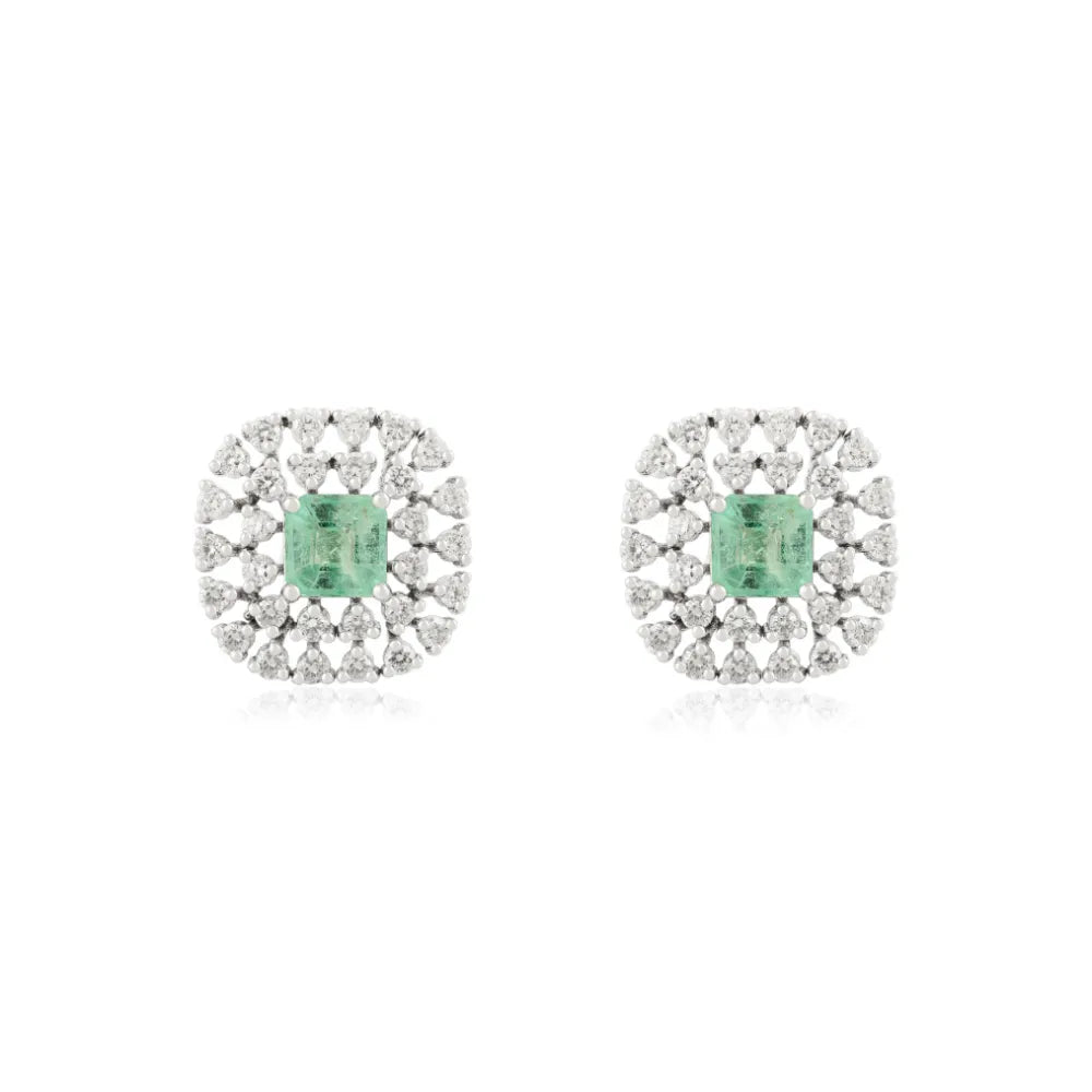 Square Cut Emerald & Diamond Wholesale Unique Design Stud Earrings 14K Solid Gold Jewelry