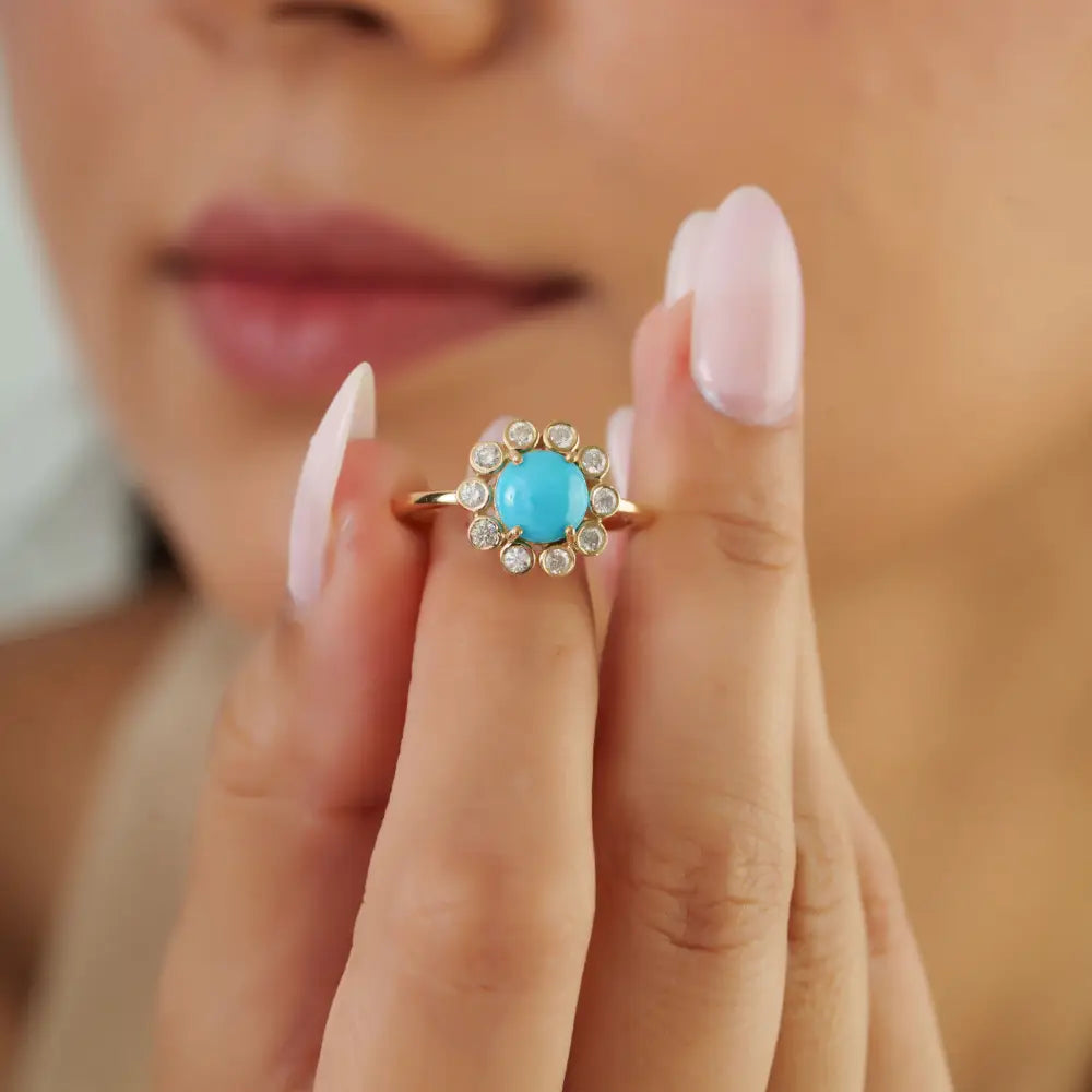 Flower Inspired 14K Yellow Gold 7mm Round Cut Turquoise & Diamond Cluster Ring For Unisex